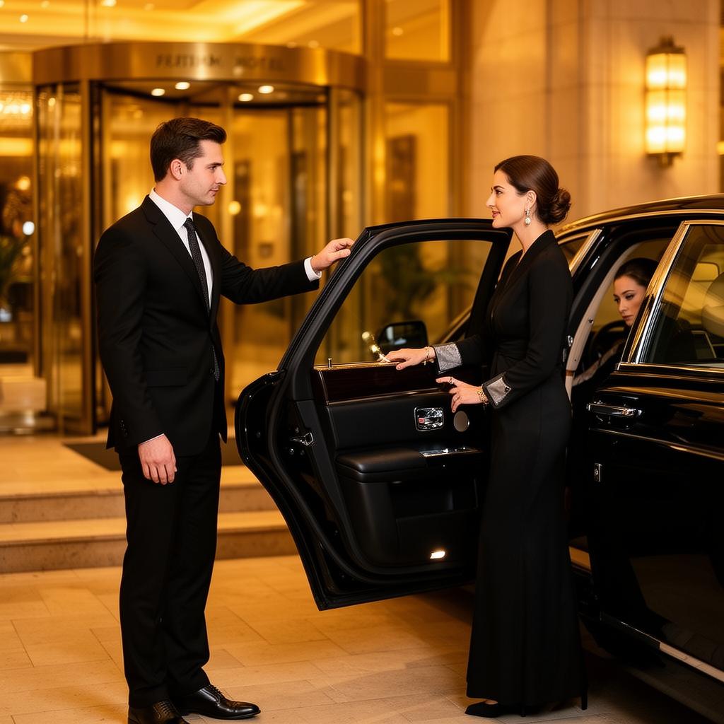 A chauffeur opening a car door at night